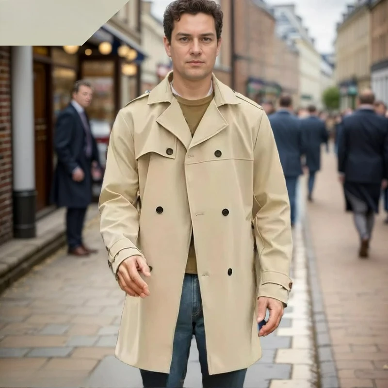 Autumn Winter New Solid-color European American Long-sleeved Trench Coat Men's Lapel Slim-fitting Double-breasted Casual Coat