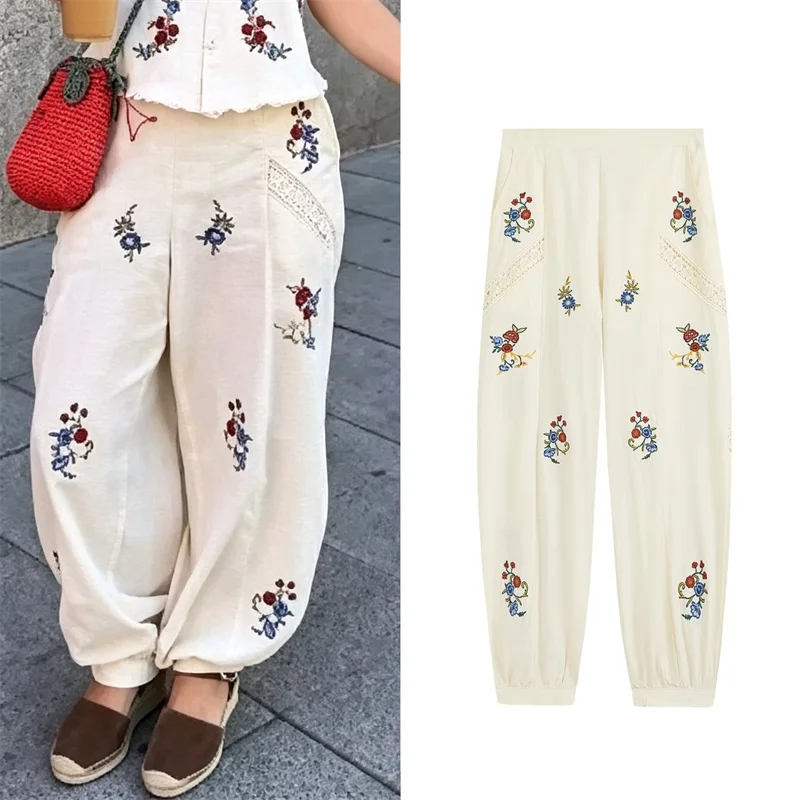 Guobioziy Women's Pants 2026 Autumn New Bohemian Floral Embroidered Jogger Pants Trendy Lace Patchwork Loose Bottoms