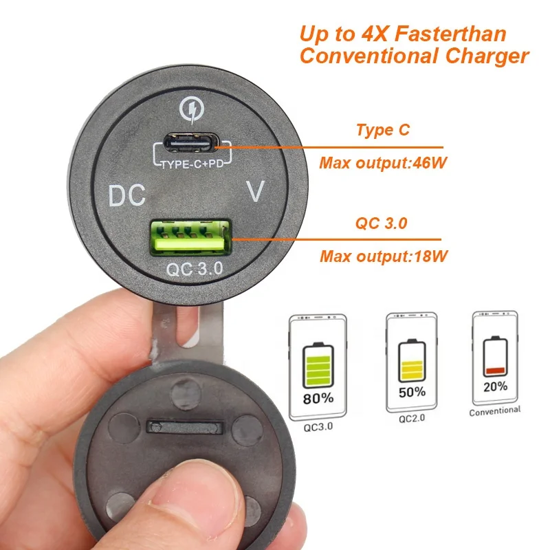 防水車両用電源ソケット,クイック充電器,デュアルUSB,pdタイプc,qc 3.0, 12v,24v,64w