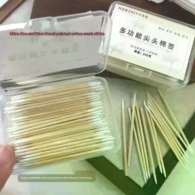 200Pcs Manicure Nails Wooden Tip Cotton Stick Buds Disposable Ultra-Detail Polish Remover Clean