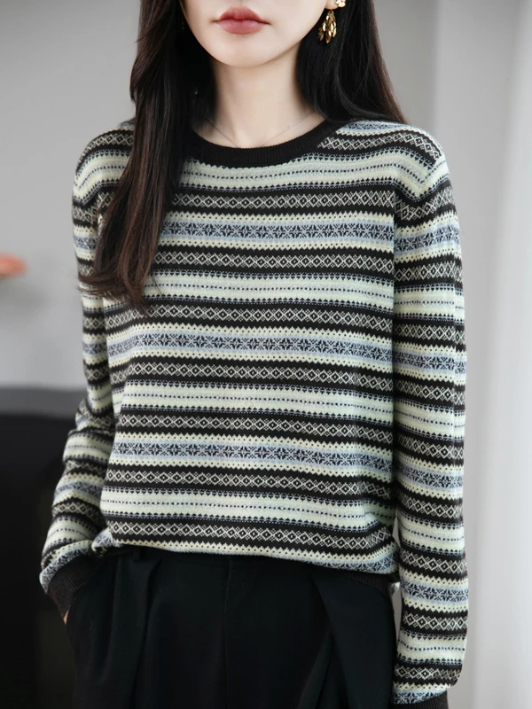 

Retro Knitted Woolen Sweater Women's Overhead Autumn Winter New Flower Pattern Color Blo Striped round Ne Base irt