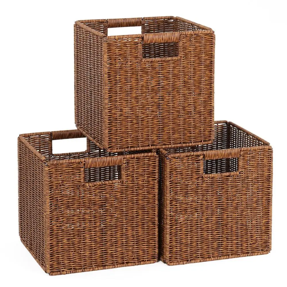 11x11x11in Foldable Cube Woven Storage Basket Set of 3 with Handles 28lbs Capacity Kallax Shelves Under Table Drawer Organizer