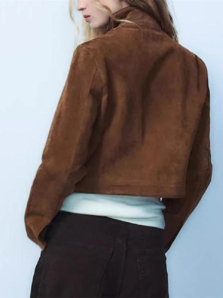 패셔너블한 스탠드 칼라 인조 가죽 재킷 여성용 봄 가을 신상 고급 벨벳 질감 지퍼 클로저
