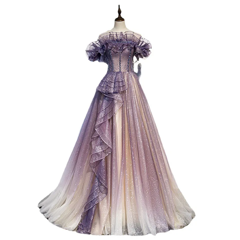 Robe de soirée violette pour femmes, asymétrique, épaule dénudée, élégante, longue, chœur, nouvelle collection