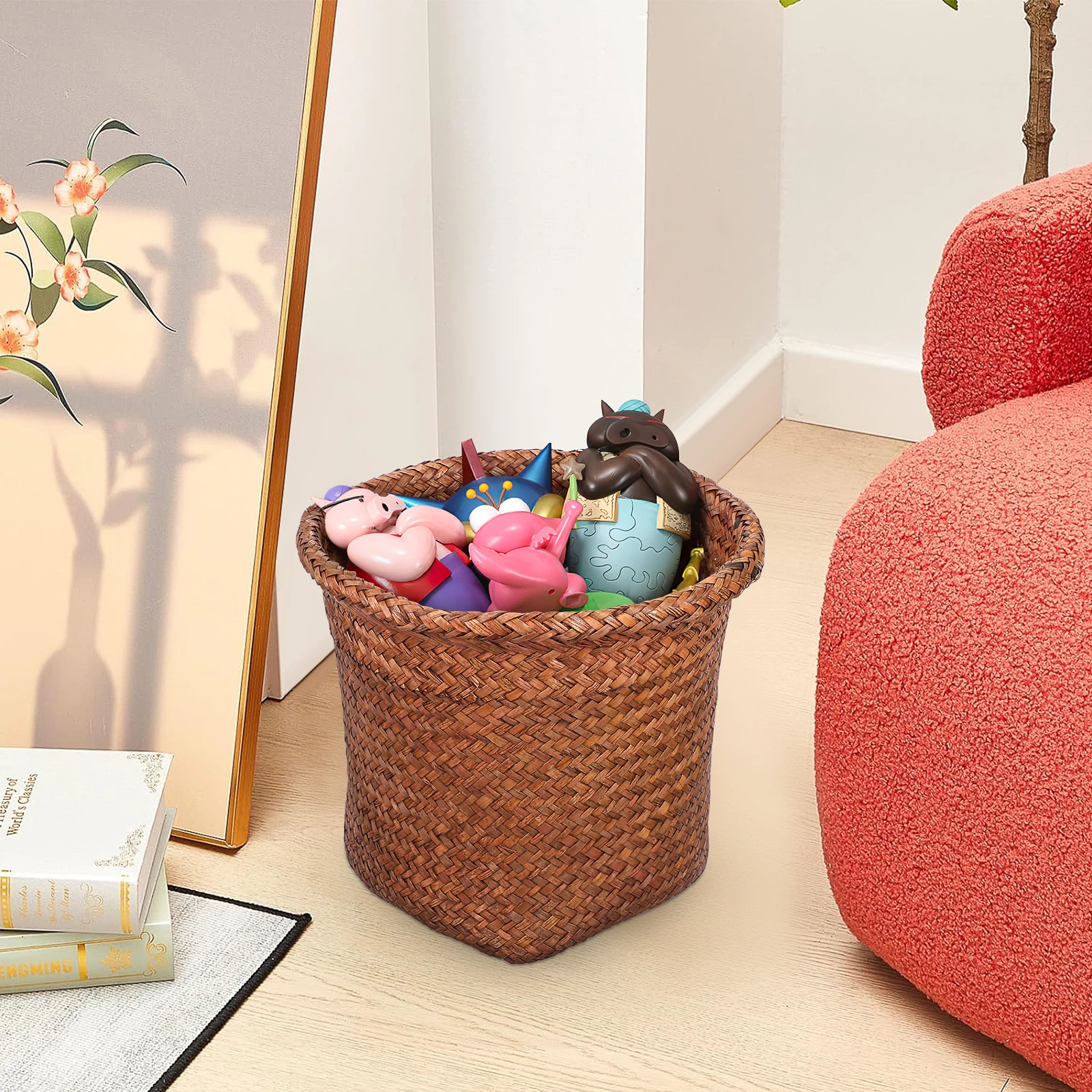 

Storage Basket Home Trash Can Wicker Waste Paper Basket Decorative Straw Kitchen Garbage Household Office Bedroom Container