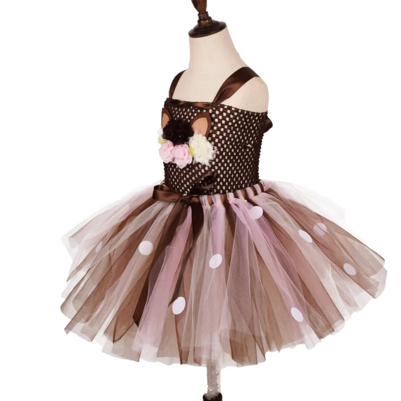 Cartoon Deer Bambi Tutu Dress Christmas Children Mesh Princess Dress Halloween Cosplay Costumes New Year Gift For Girls Cosplay