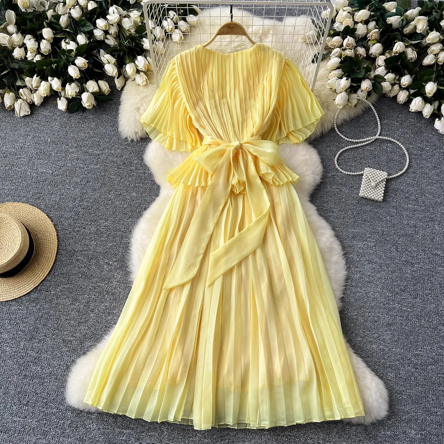 French Vintage Women V Neck Pleated Dress Summer Yellow Chiffon Flare Sleeve 3D Flower Waist Lace Up Belt Holiday Midi Vestidos