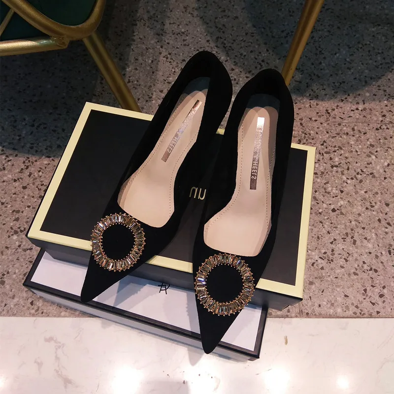 

French style design niche high heels 2024 autumn new item rhinestone suede fine heel pointed versatile temperament single shoe