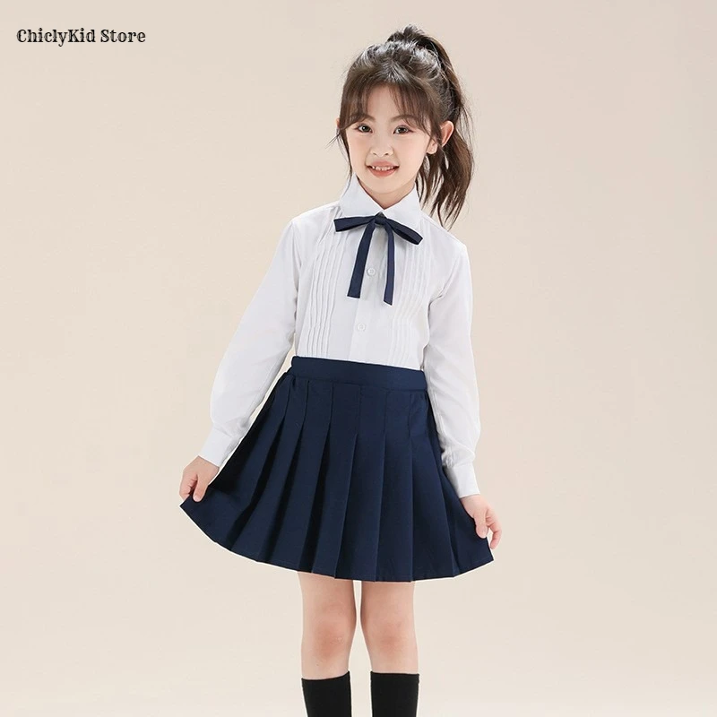 Girls Spring British School Uniform Blouse Skirts Shirt Class Outfits Kids Kindergarten Clothes Sets Children Students Costumes