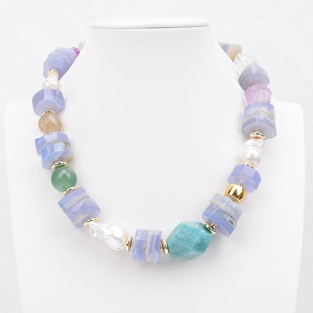 G-G Natural Blue Lace Agate Amethyst Amazonite Stone Baroque Pearl Necklace 18.5'' Handmade Women Jewelry