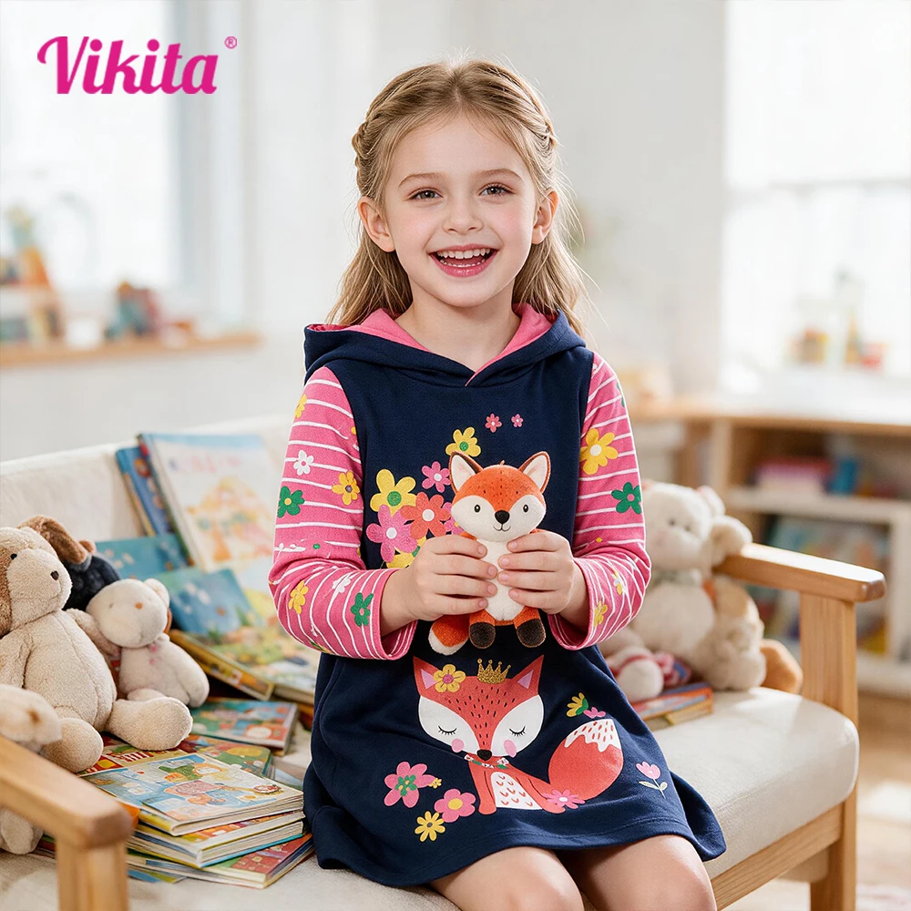 Toddlers Hooded Dress Kids Fox Floral Crown Print Long Sleeve Striped Casual Sweatshirt Dress Kids Fall Pullover Casual Outfits