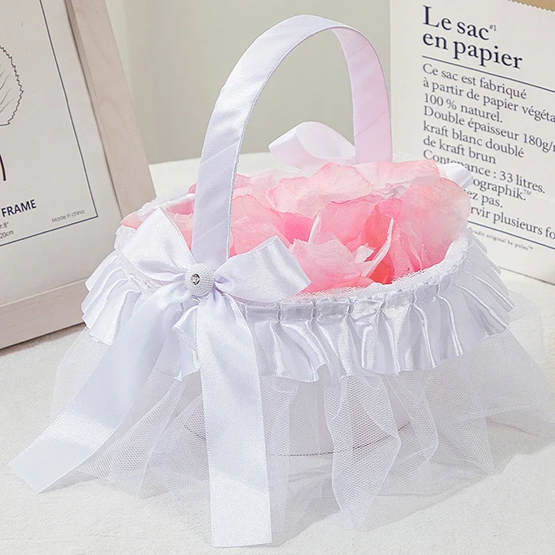 1pc Flower Girl Basket Western Rustic Bowknot Wedding Basket Candy Gift Bag for Wedding Party Banquet Daily Use Home Decoration