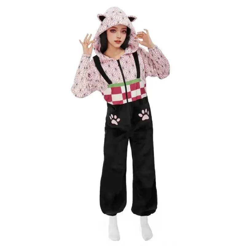 

DAZCOS Nezuko Onesie Pajamas Kamado Anime Unique Cat Ears Cosplay Pajamas Onesie Hooded Sleepwear Women's Halloween Costume