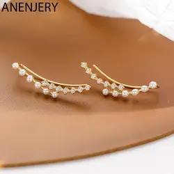 ANENJERY Silver Color Zircon Pearl Curved Stud Earrings For Women Sparkling Star Jewelry Accessories