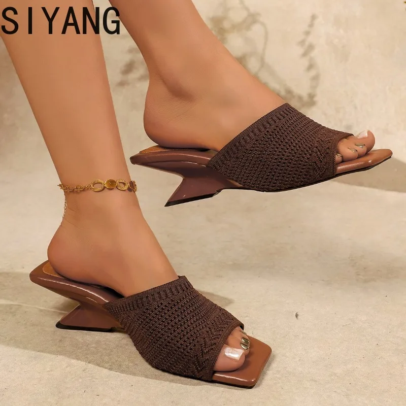 

2026 Summer Square Toe Slip On Women Knitted Slipper Fashion Shoes Wedge Heel Ladies Elegant Party Dress Sandalias