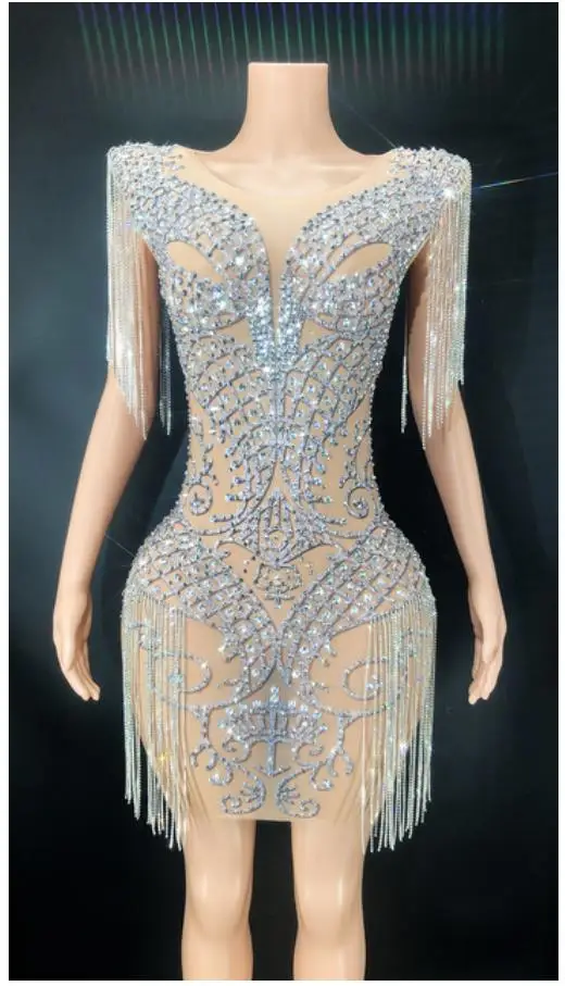 

Sexy Sparkly Silver Rhinestones Chain Sleeves Transparent Bodycon Short Dress Mesh Birthday Celebrate Gown Evening Dance Dress
