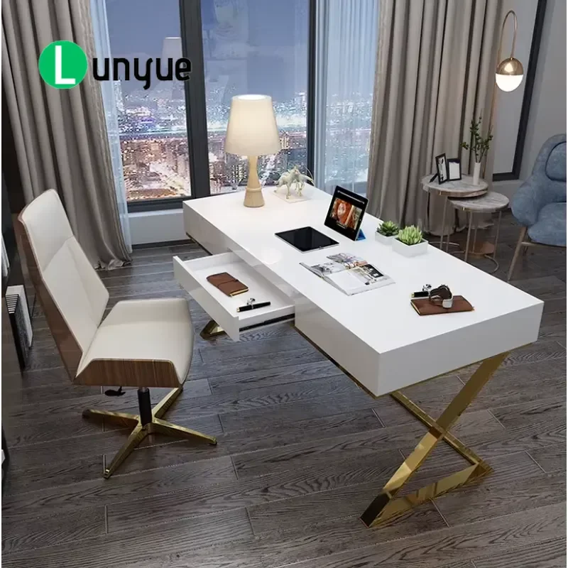 Luxury Glass Top Office Desk with Drawers Gold Stainless Steel Frame Computer Work Table for Home Office Modern Executive