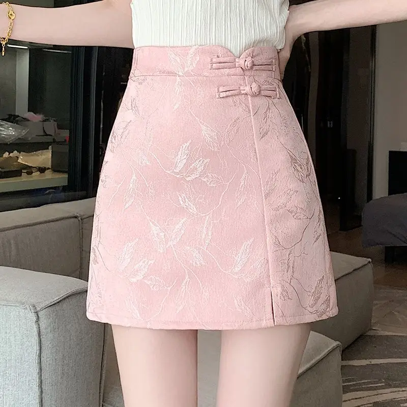 Chinese Style Knot Button Jacquard Skirt 2026 New Summer Women High Waist A-line Skirts Female Vintage Hanfu Skirt Short Skirt