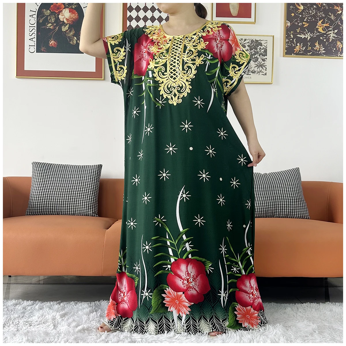 2 Pieces African Dashiki Floral Printing Loose Cotton Caftan Lady Summer Maxi Casual Dresses With Scarf  Vestidos Short Sleeve