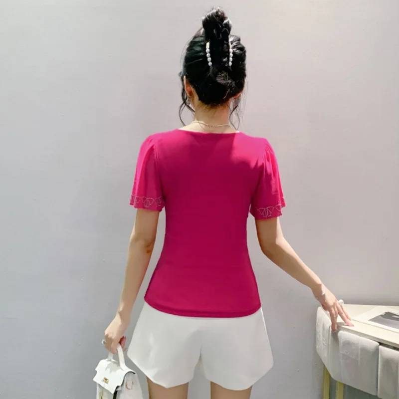 

Elegant Clothes Women's Ruffled Design T-Shirt Heavy Industry Carved Butterfly Hot Diamonds Drill Femmes Shirts Tops Tees Blouse