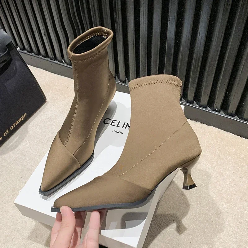 Novo cetim apontou toe botas curtas mulheres salto fino estiramento meias botas elegantes senhoras moda salto alto bombas femininas botas de tornozelo