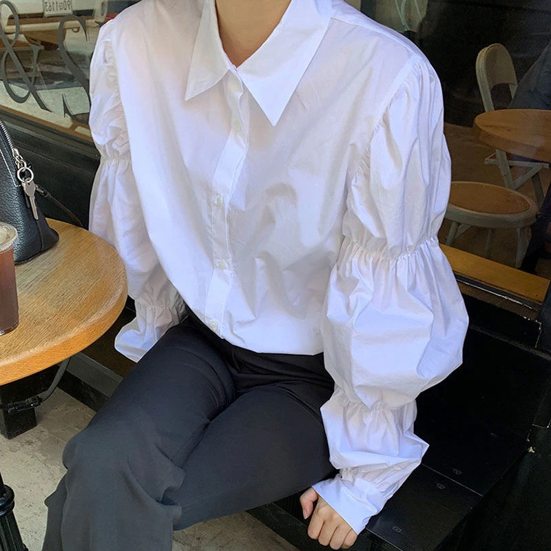 MEXZT Vintage White Shirts Women Puff Sleeve Folds Blouses Korean Streetwear Office Lady Elegant Solid Simple Loose Casual Tops