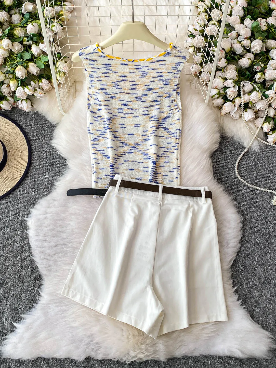 Sweet Spicy Girl Design Knot V-ne Svel Knitted Vest High Waist Wide Leg Jeans Set Women's Faion Two-piece Suit