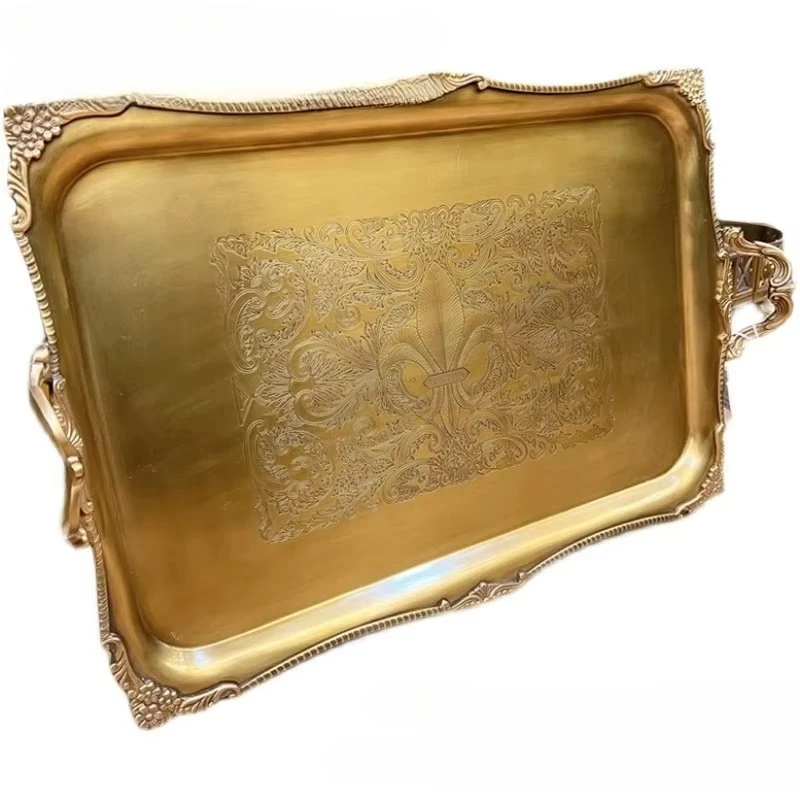 Indian brass European rectangular tray light luxury metal tea tray retro carved villa club living room ornament