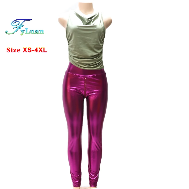 Roxo duplo zíper aberto virilha calças femininas sexy pele amigável apertado legging apertado boate calças plus size XS-4XL