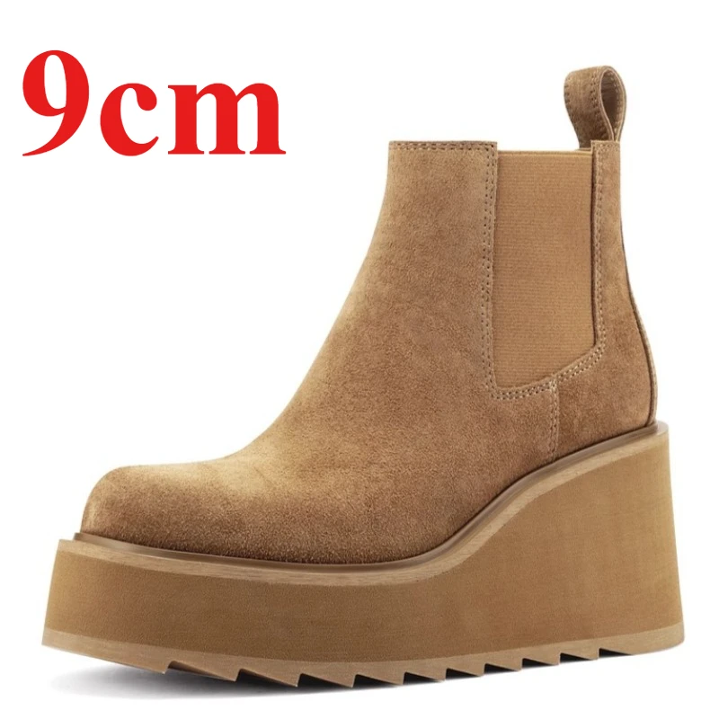 Frosted Cowhide Chimney Boots Shoes and Women's 9cm Thick Bottom Height Increasing Boots Genuine Leather Hand-sewn Chelsea Boots
