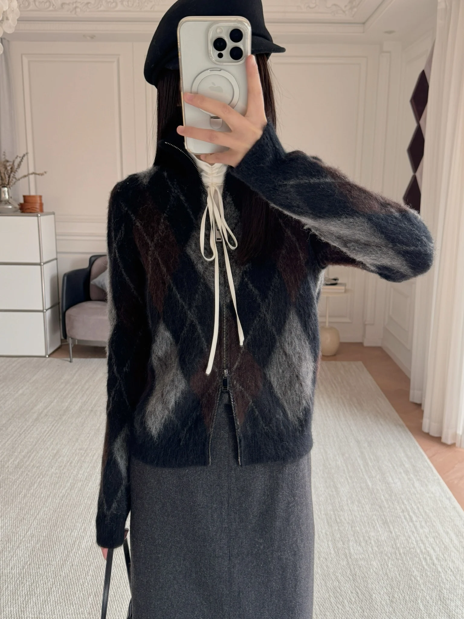 

Retro Briti Sle Wool Alpaca High Collar Double Zipper Sweater Cardigan id Pattern Women's Loose Fit Knitted Winter Coat