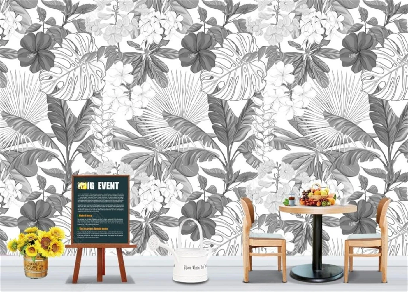 Customized Size Mural Black and White Plant Leaf Wallpaper Home Decoration Grey Banana Leaf Palm Leaf Decorative Painting mural