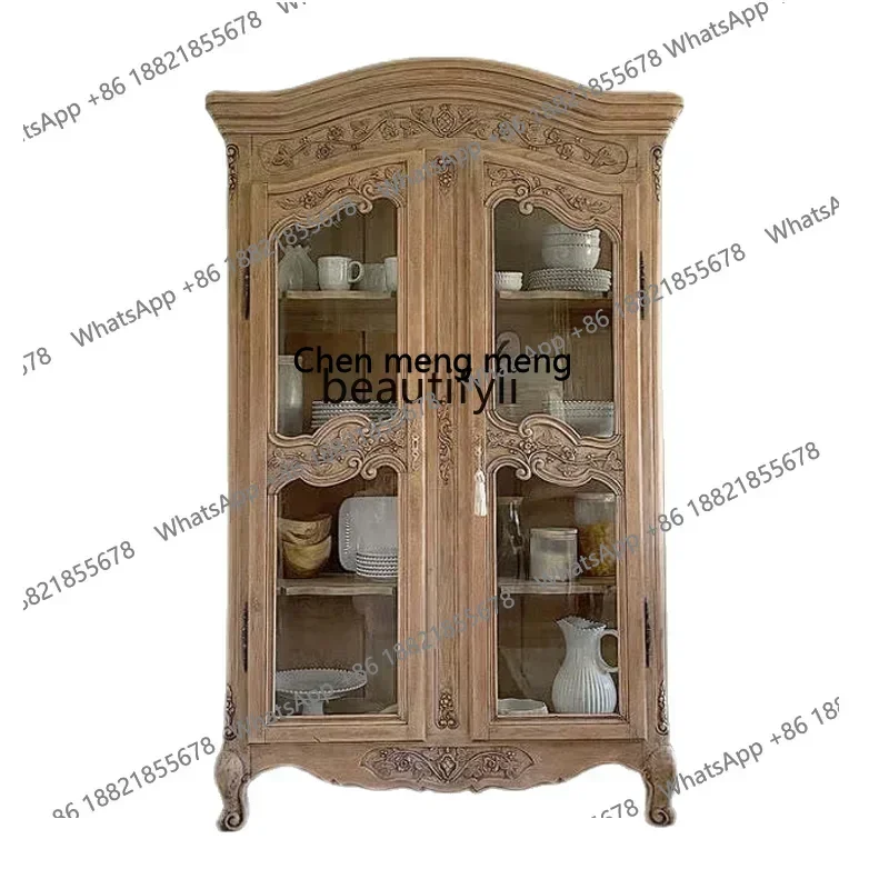 

X French retro old oak carving American country, bookcase classic solid wood, display, decorative cabinet