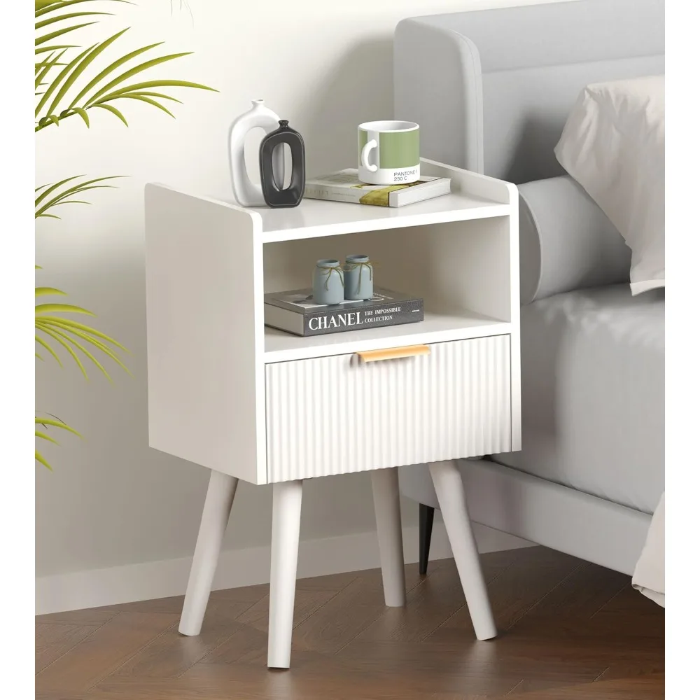 

White Nightstands, Modern Bedside Table with Drawer and Opening Storage, Storage Side End Table for Small Spaces, Wood Night Sta