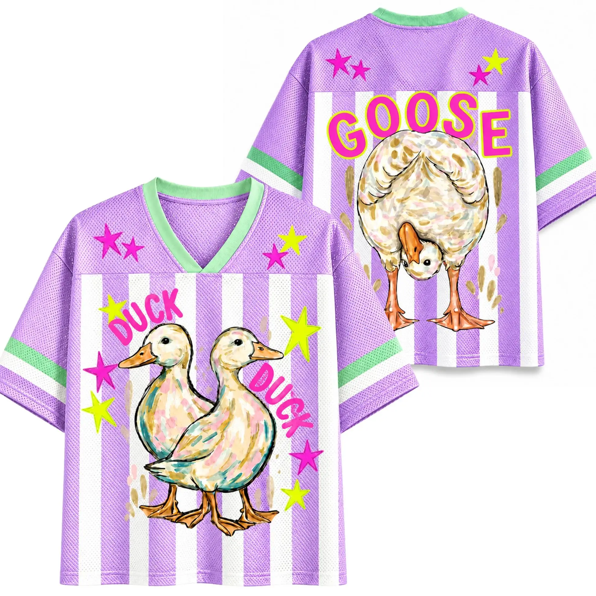 Fun Duck Goose Star Letter Print Striped V-Neck Football Shirt - Green Sleeve Short-Sleeved Retro Style