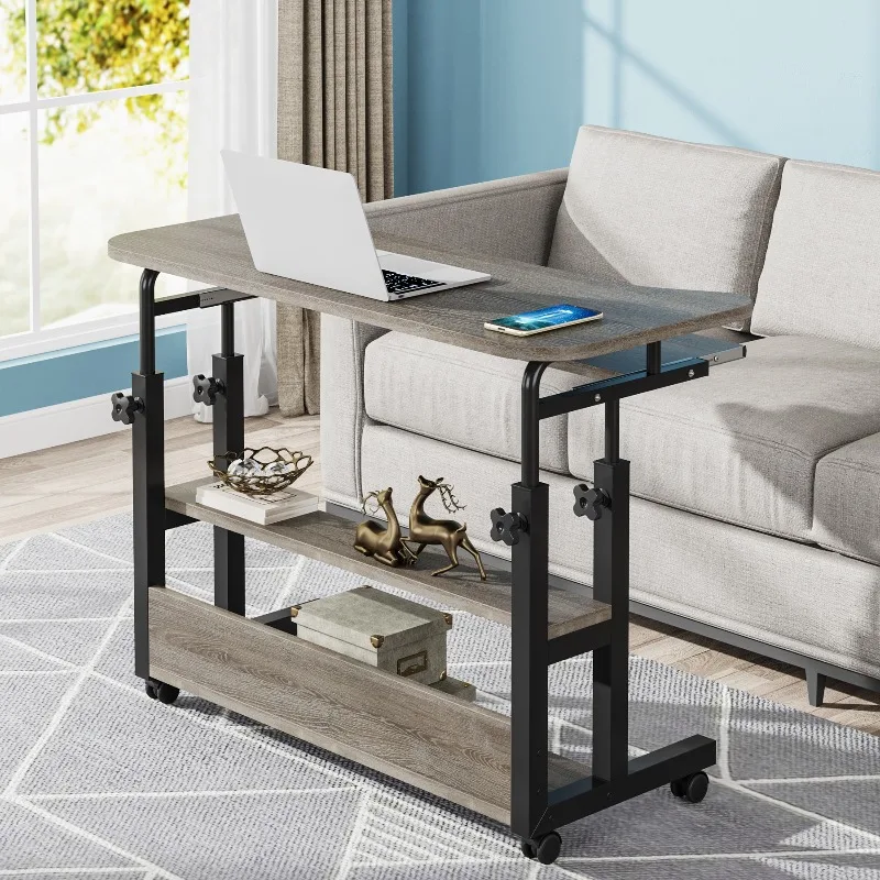 Portable Desk with Power Outlets, Height Adjustable Side Table Bedside Laptop Computer Cart, Mobile Small Standing Desk