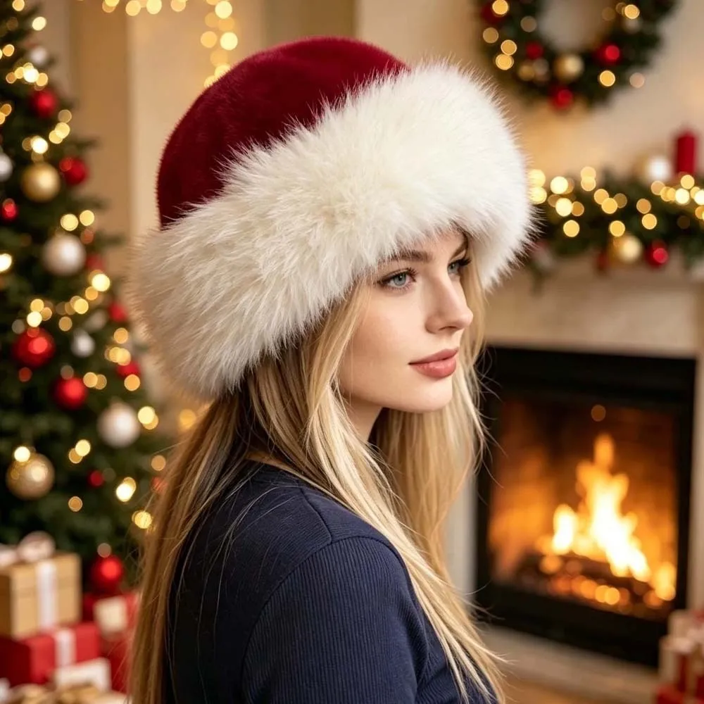 Faux Fur Christmas Fur Hat Round Top Thick Fluffy Trapper Cap Fleece Lined Soft Brim Bucket Hats Winter Outing