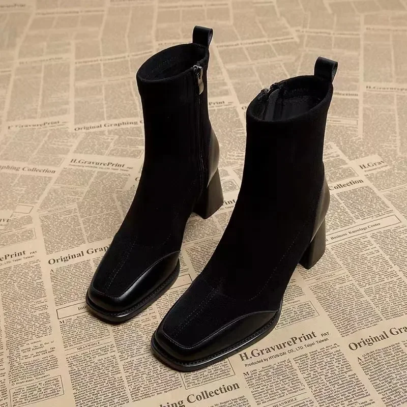 2024 Spring Autumn Square Headed Solid Color Fashion Side Zipper Waterproof Platform Simple External Wear Women's Fashion Boots