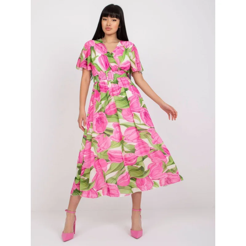 Dress Women Summer 2022 New Chiffon Floral V-neck Short Sleeve Tall Waist Belt Fold Dresses Casual Vestidos Sale JQMY2081