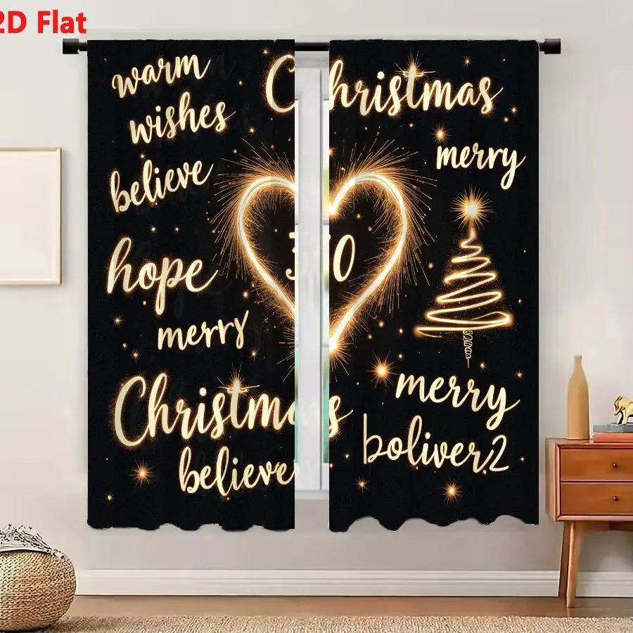 2Pcs Curtains 2D Flat Merry Christmas Warm Wishes Believe Hope Boliver2 30th Christmas Tree Celebration Glowing Golden Text Spar
