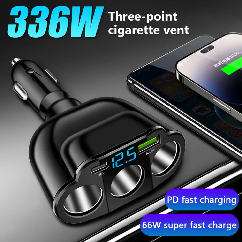 Car Cigarette Lighter Splitter 66W PD USB Type C Fast Charger Port 5-Port Voltage Display Vehicle SUV Truck Adapter