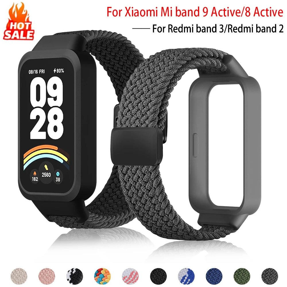 Pulseira Magnética Trançada + Capa para Xiaomi Smart Mi Band 9 8, Acessórios Esportivos, Bracelete de Nylon + Capa para Redmi Band 3 2