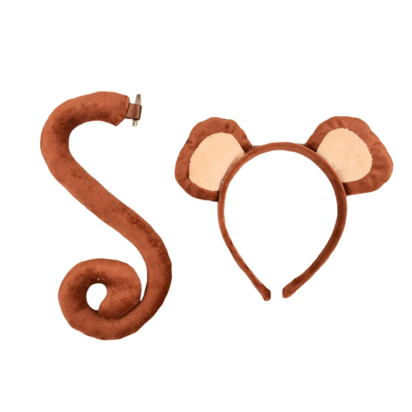 2 Pieces Monkey Ears and Tail Set Headdress Long Tail Monkey Hair Hoop for Themed Parties