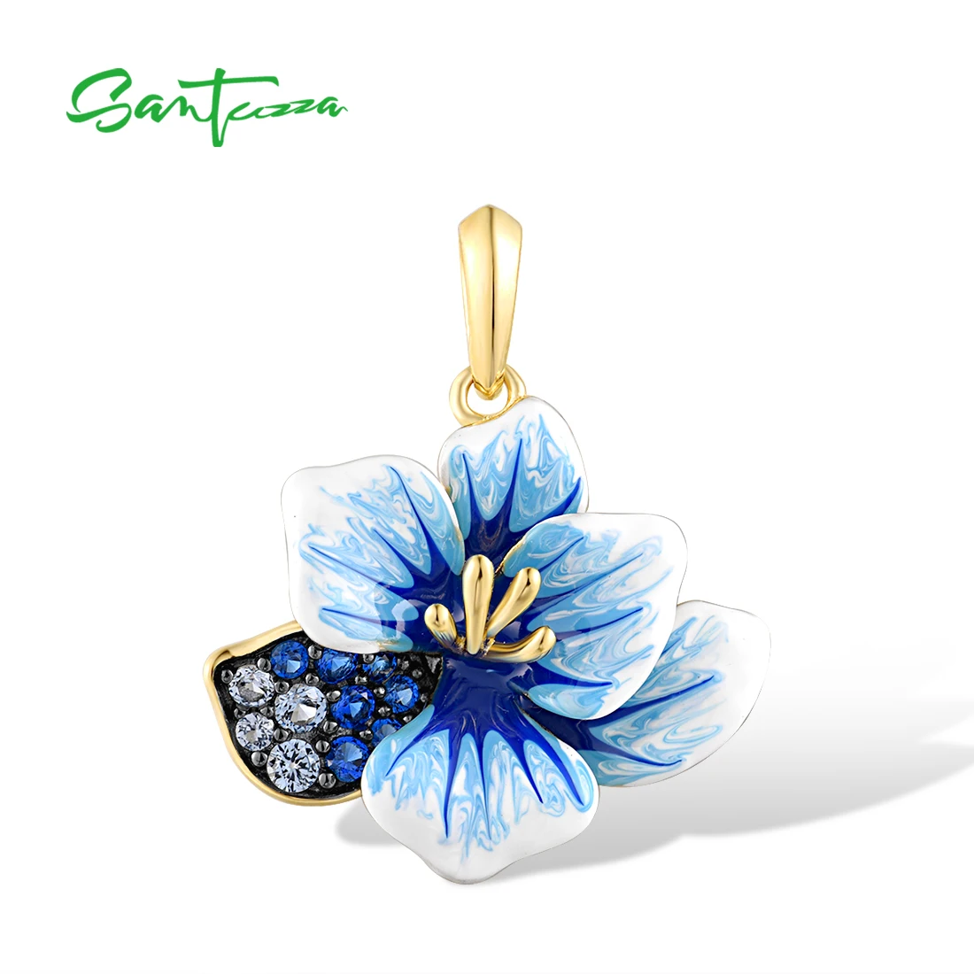 

SANTUZZA Genuine 925 Sterling Silver Pendant for Women Sparkling Blue Spinel Enamel Flower Trendy Party Gifts Fine Jewelry