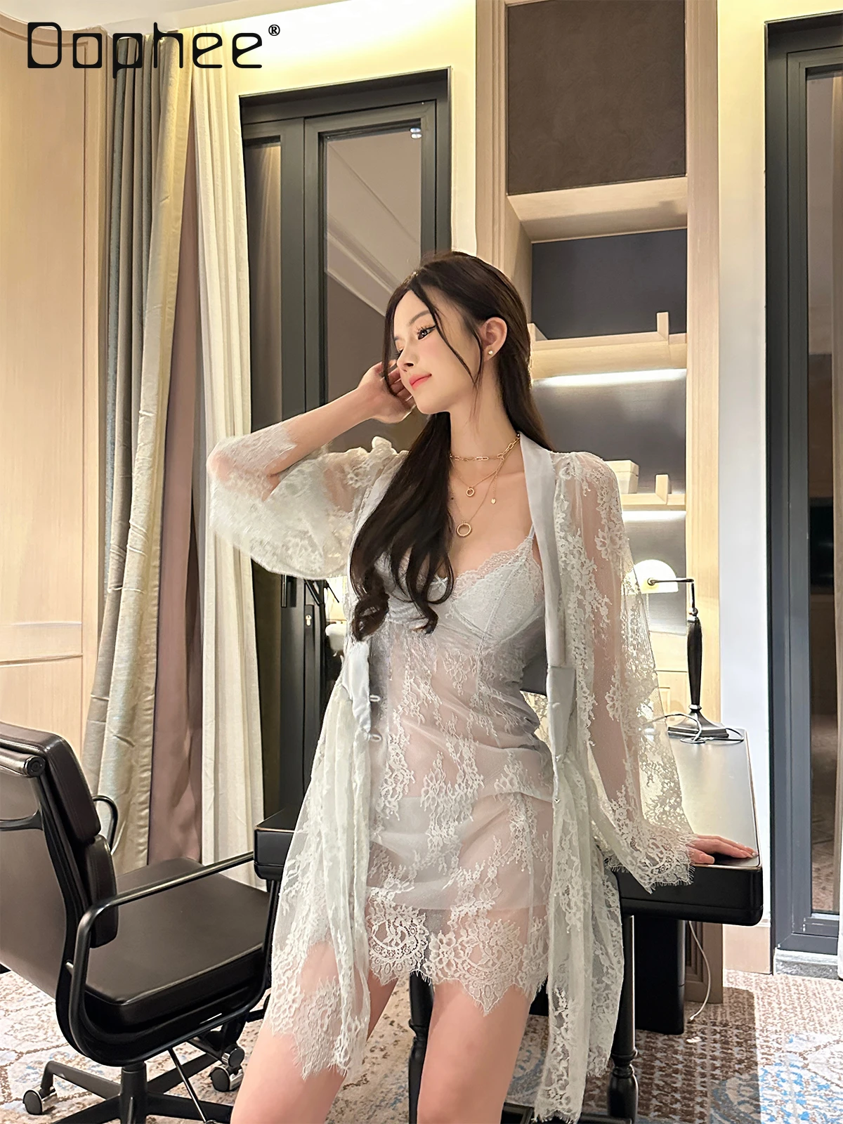 Sexy Lace Slip Nightdress with Lining Backless See Through Robe Single Breasted 2pcs Ladies Suspender Pajamas Sleepwear