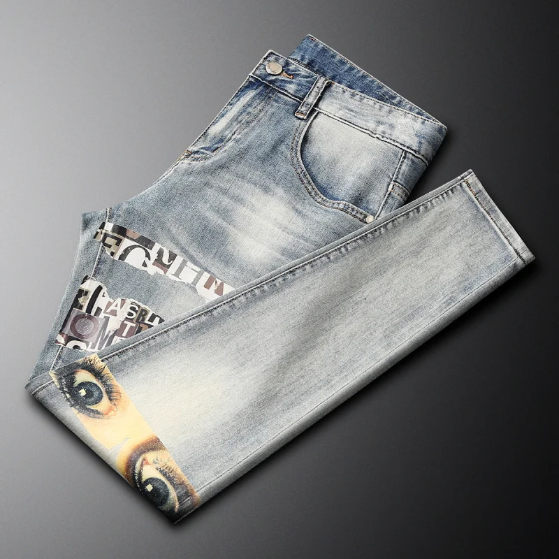 

High end trendy printed jeans for men in summer, fashionable, slim fit, elastic, personalized, light luxury pants