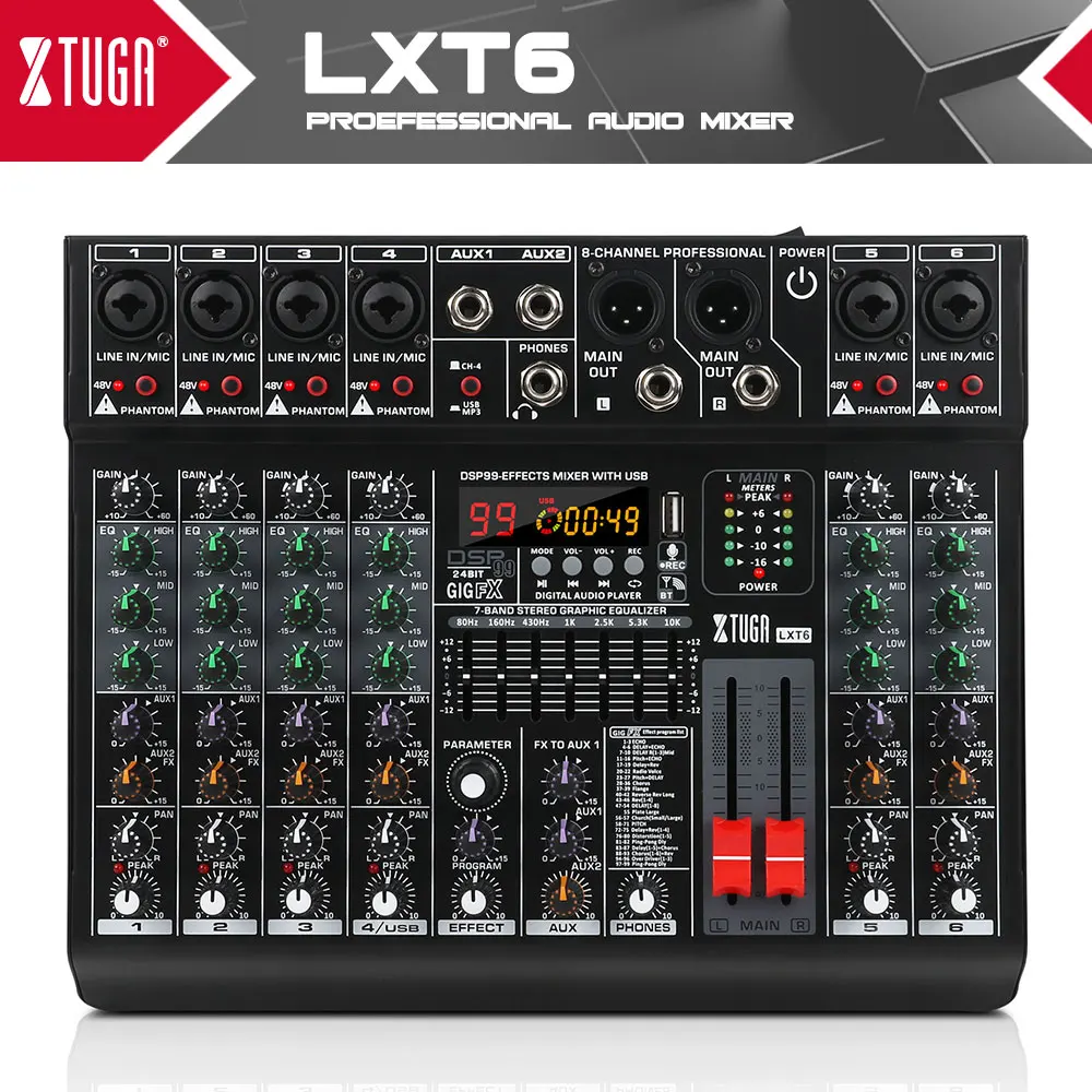 XTUGA Professional 6/8 Channel Audio Mixer with 99 DSP Effects,7-band EQ,48V Phantom Power,USB Interface Recording For Stage