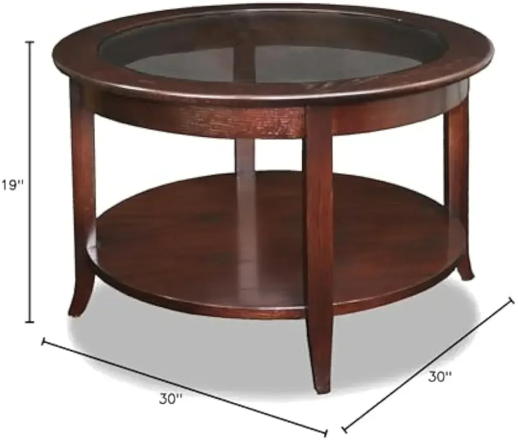 Round Glass Top Coffee Table with Shelf, Chocolate Oak, 30 inches