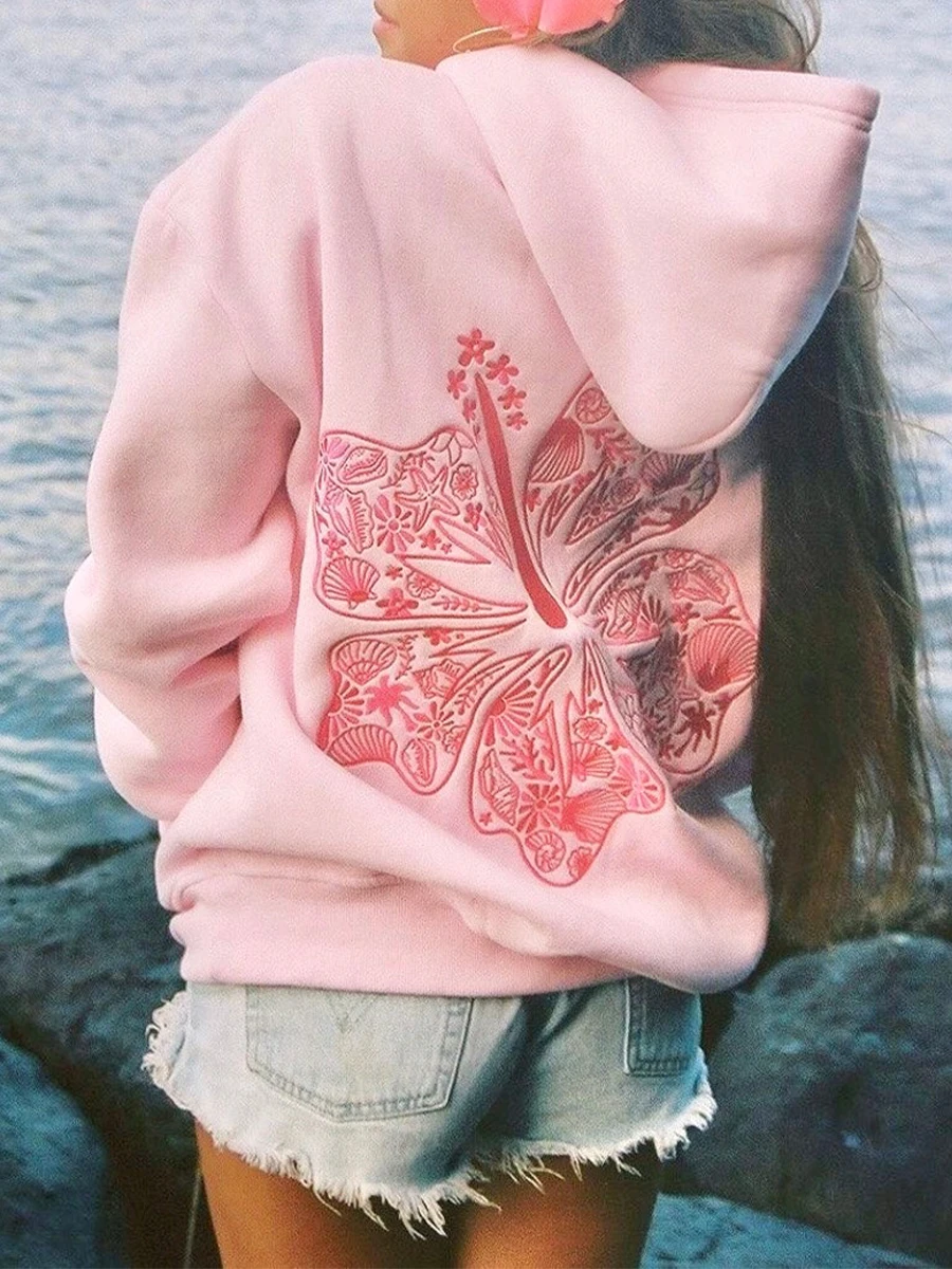 Women’s Beach Hoodies Long Sleeve Flower Embroidery Oversized Sweatshirts Streetwear Tops