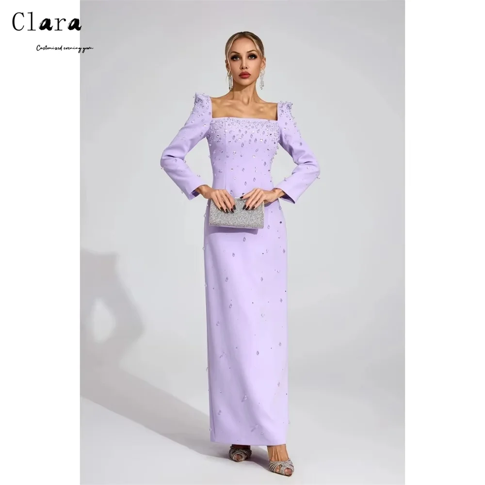 

Клара на заказ фиолетовые стразы с квадратным вырезом и длинными рукавами, роскошные женские вечерние платья для мероприятий, элегантное вечернее платье 2025